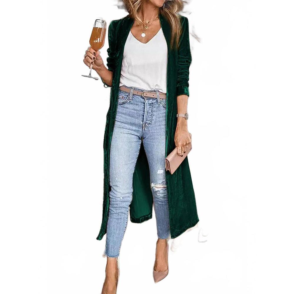 NEW PRETTY BASH valerie velvet open front pocketed cardigan in green